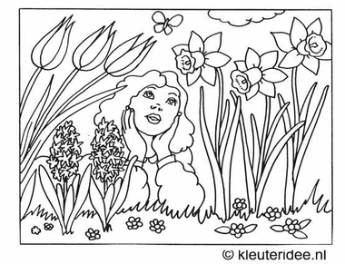 Kleurplaat het is lente, kleuteridee.nl ,spring coloring.