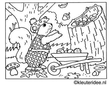 kleurplaat herfst, eekhoorn, eikels, kleuteridee.nl .