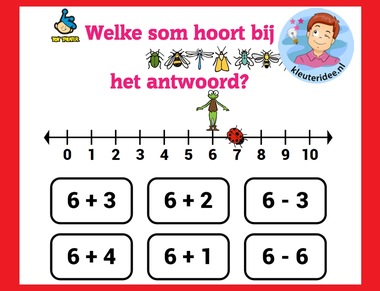 Welke som hoort bij het antwoord, met kleuters op digibord of computer op kleuteridee.nl, Kindergarten math game for IBW or computer