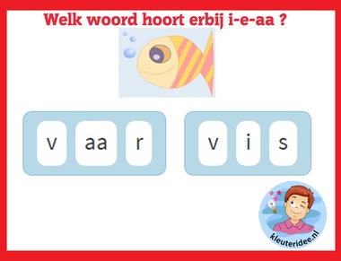 Welk woord hoort erbij 1 i-e-aa , taal voor kleuters op digibord of computer op kleuteridee.nl