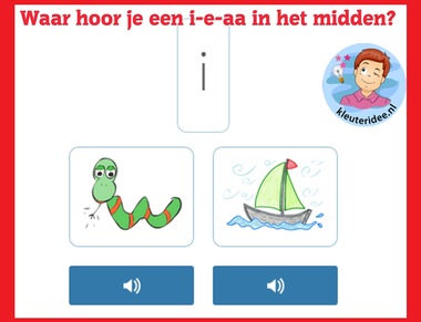 Waar hoor je een i,e,aa in het midden van het woord, taal voor kleuters op digibord of computer op kleuteridee.nl