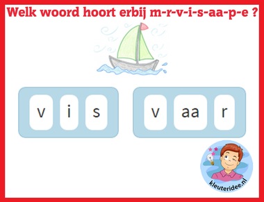 Welk woord hoort erbij 3 m-r-v-i-s-aa-p-e , taal voor kleuters op digibord of computer op kleuteridee.nl