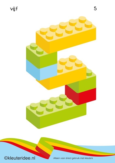 Cijfers van lego 1 -10 voor kleuters, nummer 5 , kleuteridee.nl , lego numbers for preschool 1-10 , free printable.