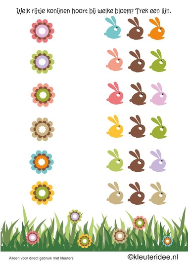 Welk rijtje konijnen hoort bij de bloem, thema lente voor kleuters, kleuteridee.nl , spring, What rabbits row belongs to the flower , free printable.