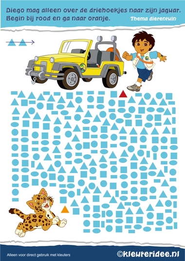 Vormen voor kleuters. Diego moet over de driehoekjes naar zijn jaguar, kleuteridee.nl , Preschool Diego shapes, free printable.