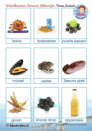 Woordkaarten Zeeuwse lekkernijen voor kleuters, kleuteridee.nl, thema Zeeland, free printable.