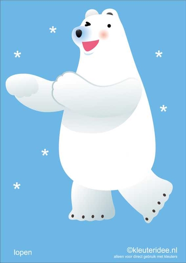 Bewegingskaarten ijsbeer voor kleuters 1, lopen, kleuteridee.nl, thema Noorpool, Movementcards for preschool, free printable.