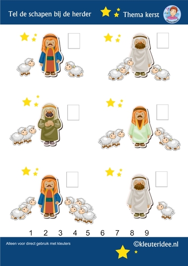 Tel de schapen bij de herder, thema Kerst voor kleuters, kleuteridee, free printable.