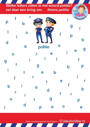Welke letters zitten er in het woord politie, voor kleuters, letterherkenning, thema politie, kleuteridee.nl, free printable.