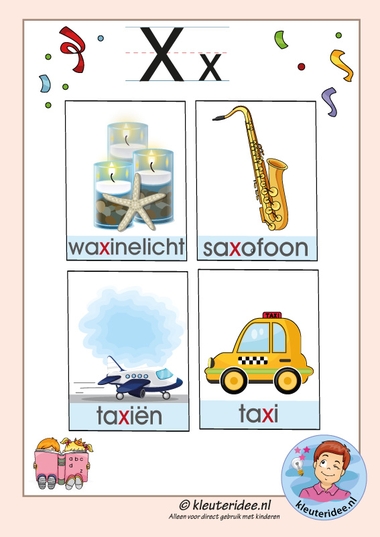 Pakket over de letter x blad 3, woordkaarten met een x, kleuteridee, free printable k