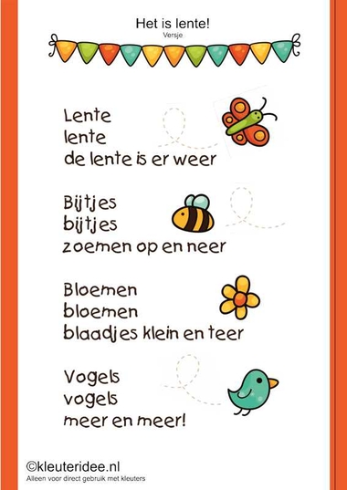Lenteversje voor kleuters, kleuteridee.nl , thema lente, free printable.