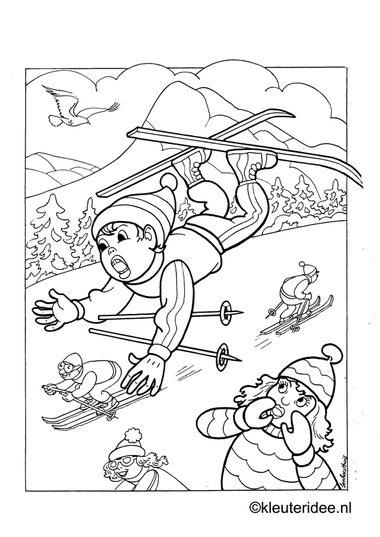 Kleurplaat skieën , kleuteridee.nl , winter 2 preschool coloring.