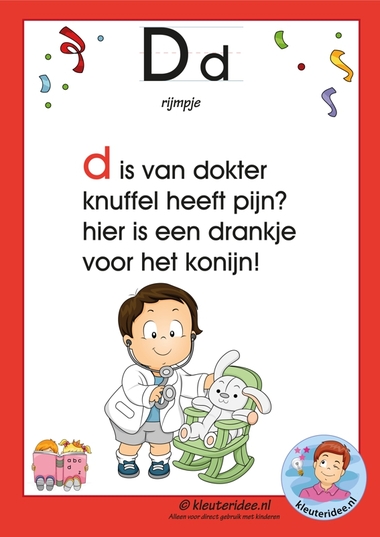 Pakket over de letter d blad 3, rijmpje over de letter d, letters aanbieden aan kleuters, kleuteridee.nl, free printable.