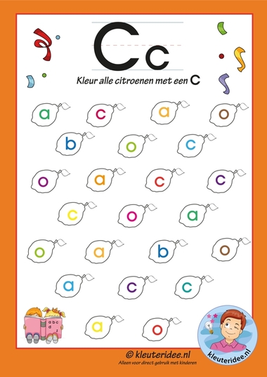 Pakket over de letter c blad 6, kleur alle citroenen met een c, letters aanbieden aan kleuters, kleuteridee.nl, free printable.