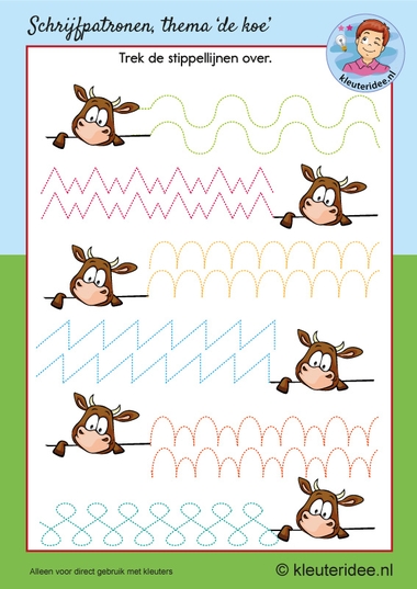 Schrijfpatroon koe, kleuteridee, kleuters, writing pattern cow theme Kindergarten.
