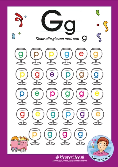 Pakket over de letter g blad 6, kleur alle glazen met een g, letters aanbieden aan kleuters, kleuteridee, free printable.