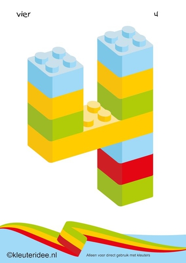 Cijfers van lego 1 -10 voor kleuters, nummer 4 , kleuteridee.nl , lego numbers for preschool 1-10 , free printable.