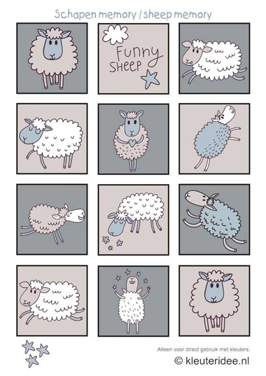 Schapen memoryspel voor kleuters, kleuteridee.nl , sheep memorygame for preschool , free printable.