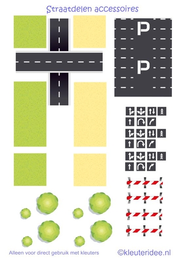Straaplaten voor kleuters A3, straatdelen accessoires, kleuteridee.nl , road for preschool, free printable.