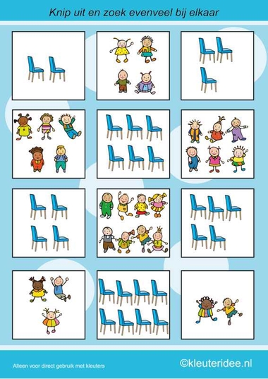 Zoek evenveel stoelen als kinderen, kleuteridee.nl , rekenen met kleuters, free printable.