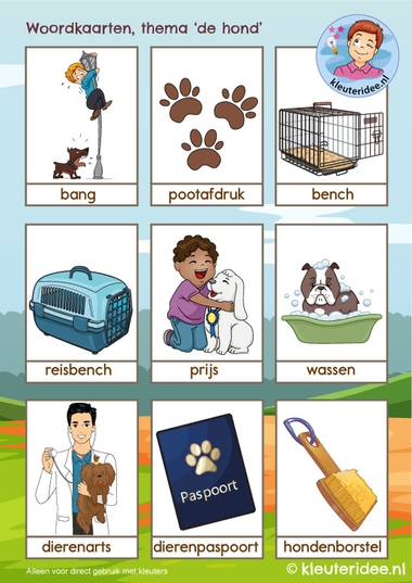 Woordkaarten thema 'de hond', kleuteridee, Kindergarten dog theme, free printable