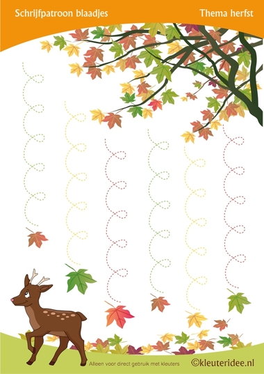 Schrijfpatroon vallend blad voor kleuters , thema herfst, juf Petra van kleuteridee, Preschool autumn writing pattern, free printable.