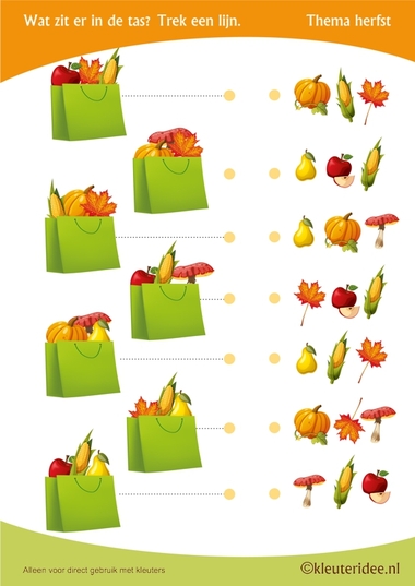 Wat zit er in de tas , thema herfst voor kleuters, juf Petra van kleuteridee, Preschool autumn bag, free printable.