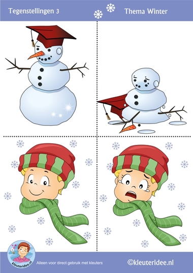 Tegenstellingen voor kleuters 3, thema winter, Preschool winter opposites, free printable.