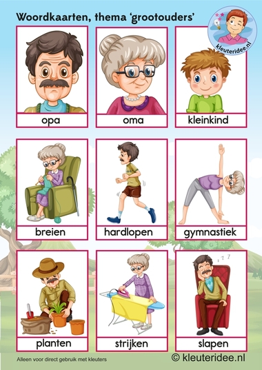 Woordkaarten voor kleuters, opa en oma, kleuteridee.nl, kinderboekenweek 2016, thema grootouders, free printable.