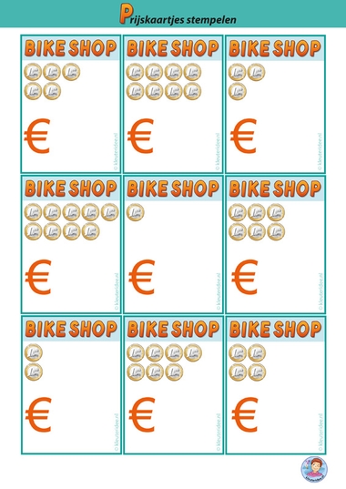 prijskaartjes fietsenwinkel, kleuteridee 