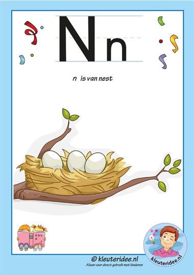 Pakket over de letter n blad 2, letterkaart met een n, kleuteridee, free printable