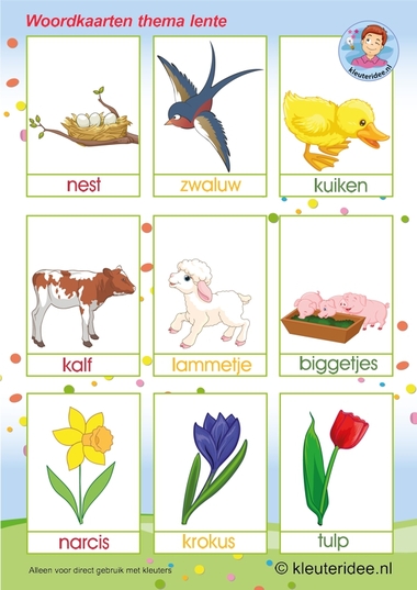 Woordkaarten , thema lente, kleuteridee,preschool spring words, free printable.