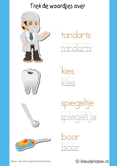 Trek de woordjes over, kleuteridee.nl , thema tandarts voor kleuter, dental tracing words for preschool, free printable.