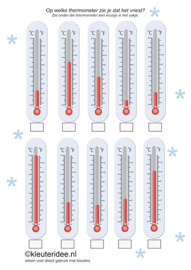 Op welke thermometer zie je dat het vriest, kleuteridee.nl , In what thermometer you see that it freezes , free printable.