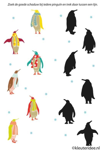 Zoek de schaduw van elke pinguïn, kleuteridee.nl, free printable, thema Noordpool en Zuidpool.