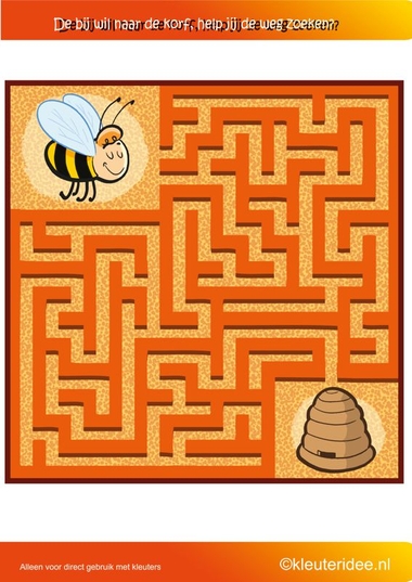 Zoek de weg naar de bijenkorf, thema bijen, kleuteridee.nl , where is the bee hive, free printable.