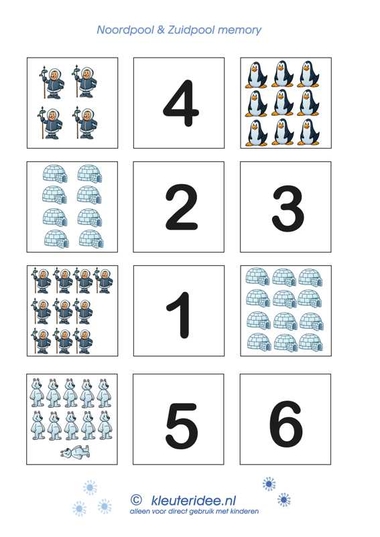 Tel memory 1 , kleuteridee.nl, thema Noordpool en Zuidpool, counting memory for preschool 1, free printable.
