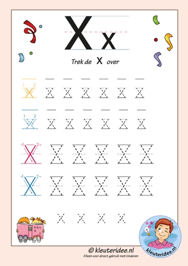 Pakket over de letter x blad 7, trek de letter x over, letters aanbieden aan kleuters, kleuteridee, free printable k