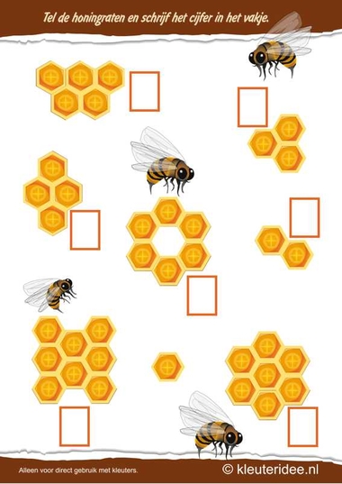 Tel de honingraten , kleuteridee.nl , thema bijen voor kleuters, Count the honeycombs , bees theme for preschool , free printable.