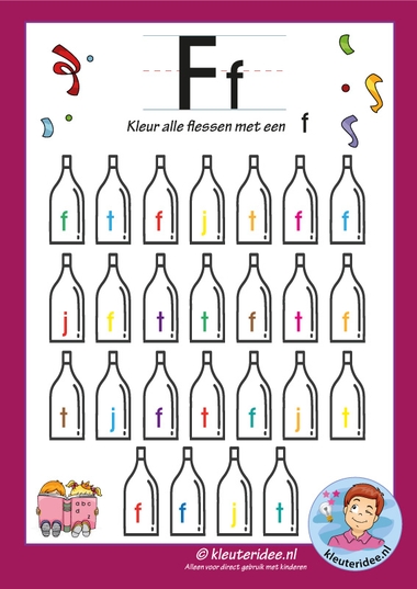 Pakket over de letter f blad 6, kleur alle flessen met een f, letters aanbieden aan kleuters, kleuteridee, free printable.