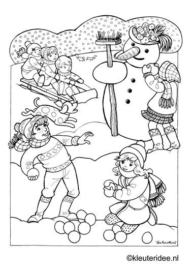 Kleurplaat spelen in de winter , kleuteridee.nl , playing in the winter preschool coloring.