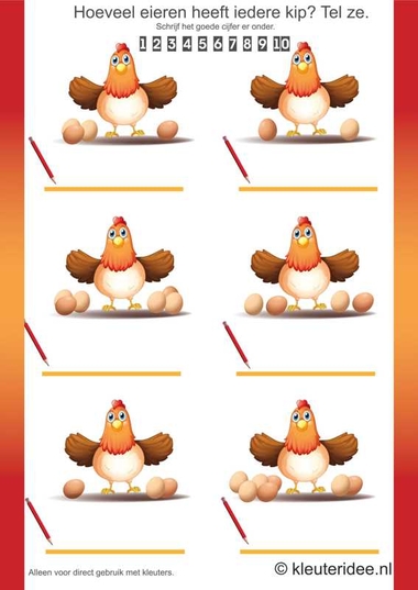 Hoeveel eieren heeft iedere kip, tel ze aan twee kanten bij elkaar op, kleuteridee.nl, thema lente, free printable.