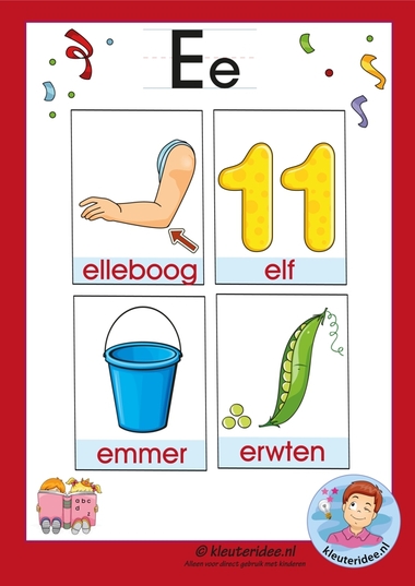 Pakket over de letter e blad 3a, woordkaarten met een e, kleuteridee.nl, free printable.