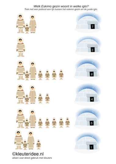 Welk Eskimo gezin woont in welke iglo, kleuteridee.nl , Which Eskimo family lives in the igloo , free printable.