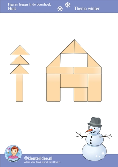 Huis, figuren leggen in de bouwhoek, thema winter , juf Petra van kleuteridee, Preschool patterns for block area, free printable.