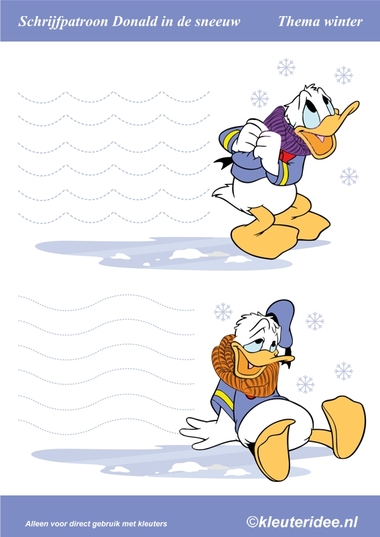 Schrijfpatroon Donald Duck in de sneeuw 2, kleuteridee.nl , Snow writing pattern, free printable.