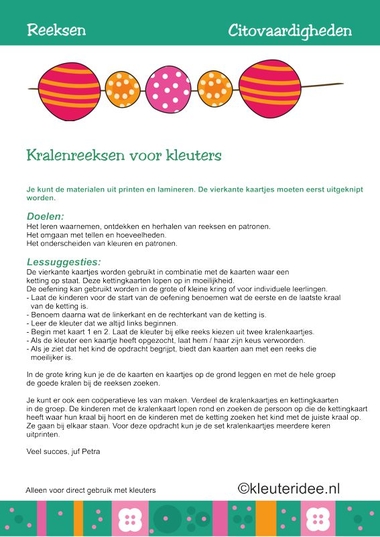 Citovaardigheden voor kleuters, reeksen, handleiding, kleuteridee.nl , met lessuggesties, series for preschool, user manual.