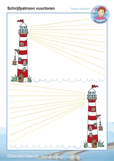 Schrijfpatroon vuurtoren kleuters, thema Zeeland, kleuteridee, Kindergarten writing pattern, lighthouse, beach theme, free printable