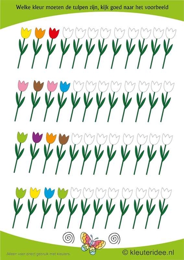 Welke kleur moeten de tulpen hebben, kijk goed naar het begin van de rij , kleuteridee.nl , free printable.