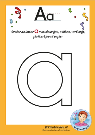 Pakket over de letter a blad 4, versier de letter a, letters aanbieden aan kleuters, kleuteridee.nl, free printable.